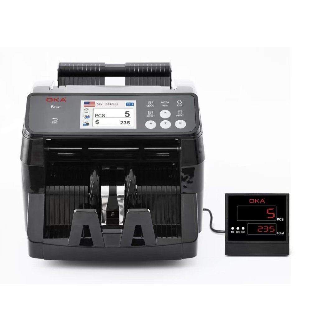 qwd4qw56de4wqe56rfd4ew564rfew56 OKA Bill Counting for sorting and counting various currencies and detecting counterfeiting (Egyptian-Dollar – EURO – Chinese yuan ) (You can Add any currency you want) / Model OKA-MIX 110 - Image 1