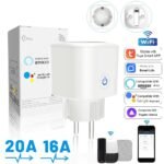 Smart socket with Wi-Fi meter, compliant with European standards, Alexa voice control, and remote control timer.